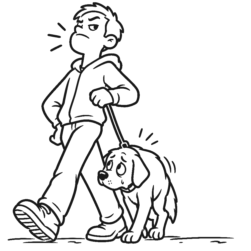 Tekening: een man stapt met opgeheven hoofd voor zich uit en houdt de leiband kort, zijn hond loopt angstig en ineengedoken naast hem