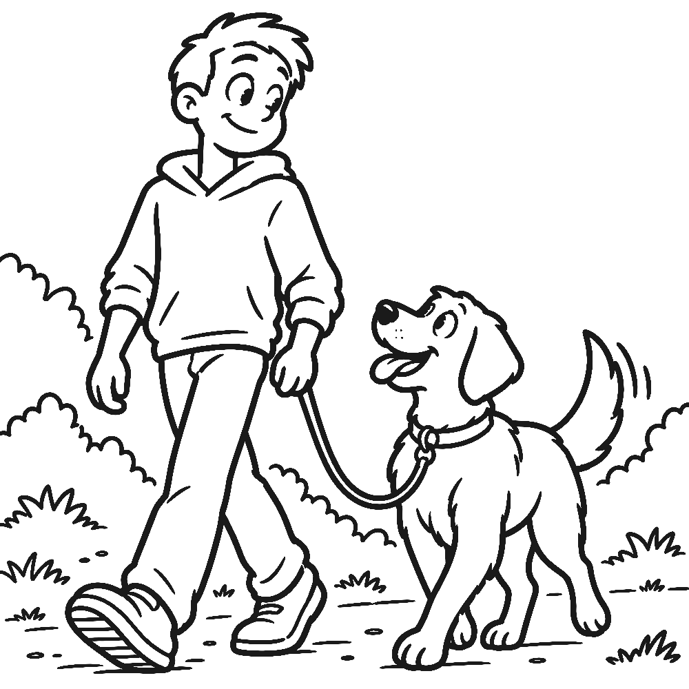 Tekening: een man wandelt ontspannen met een losse leiband, zijn hond kijkt blij naar hem op