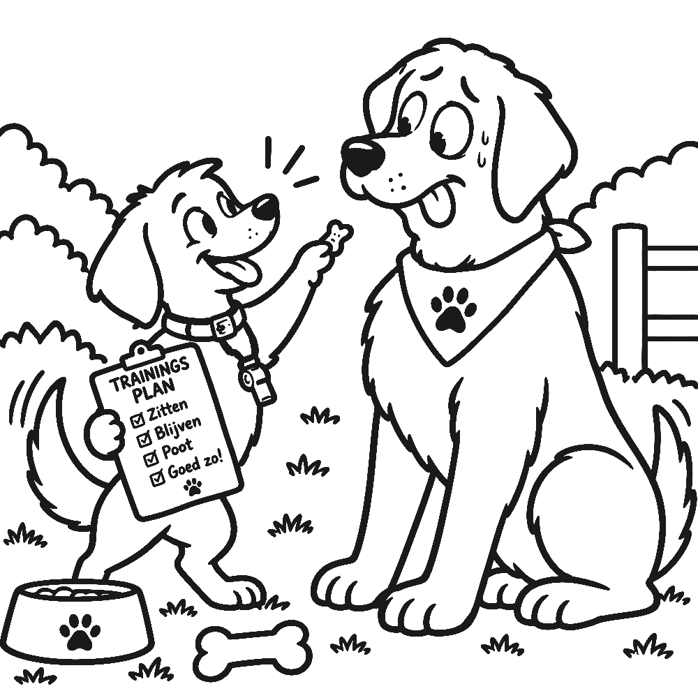 Tekening: een kleine hond met een trainingsplan en een koekje probeert een grote hond commando's aan te leren, de grote hond kijkt verbaasd
